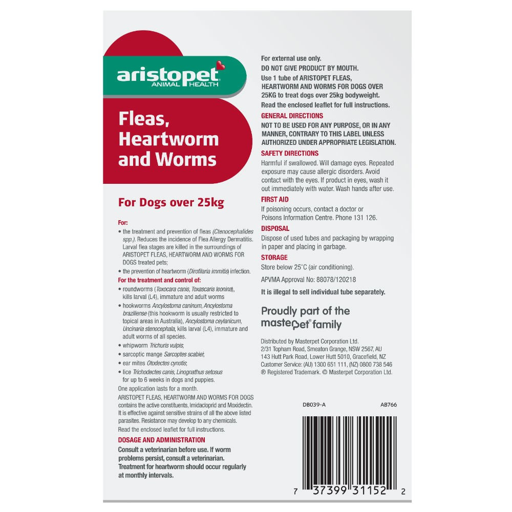 Alt text: Aristopet medication for dogs over 25kg targeting fleas, heartworm, and worms.