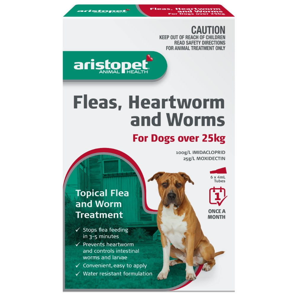 Aristopet dog flea, heartworm, and worm treatment package for large breeds.