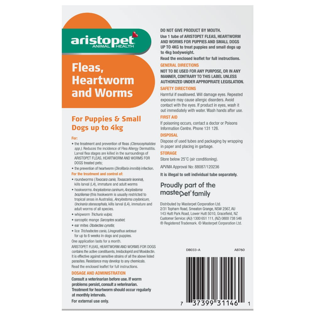 Aristopet brand medication for fleas, heartworm, and worms in dogs up to 4kg.