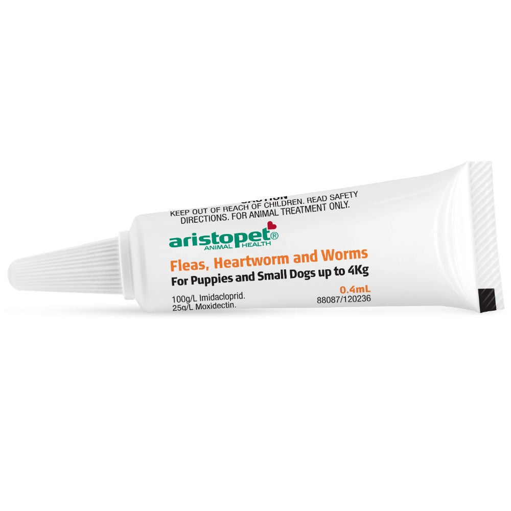 Aristopet medication tube for fleas, heartworm in puppies, small dogs.