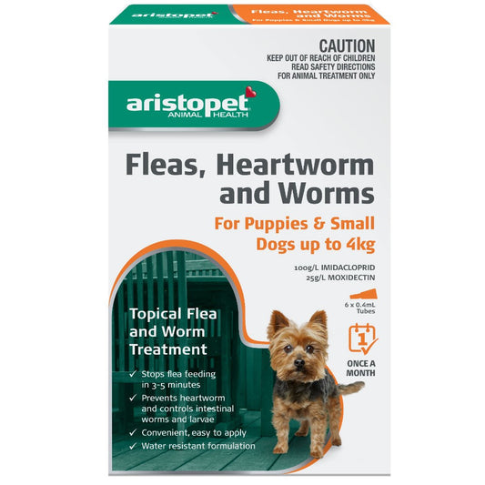 Aristopet package for flea, heartworm, and worm treatment for small dogs.