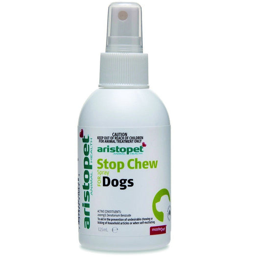 Aristopet Stop Chew spray bottle for dogs with white background.