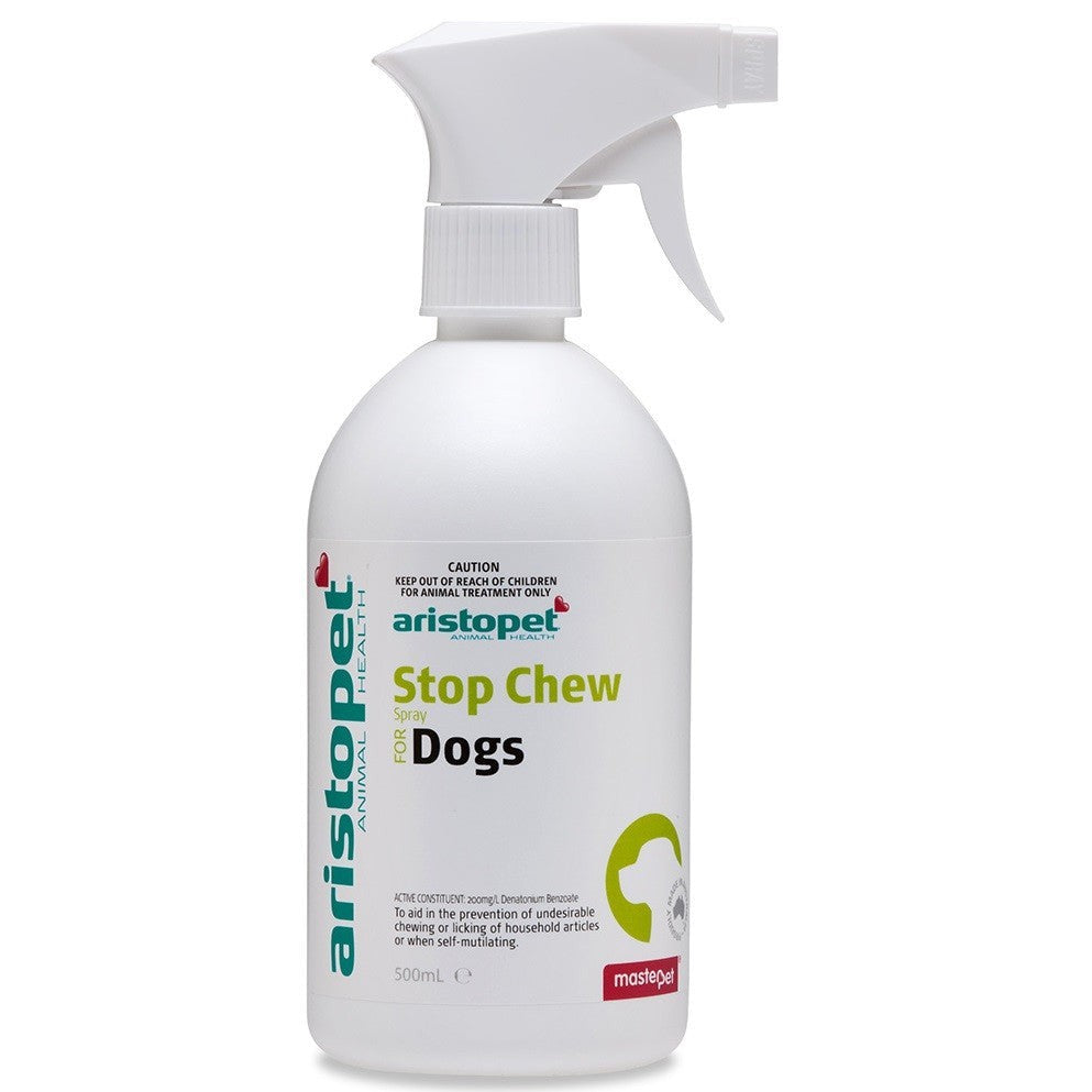 Aristopet Stop Chew spray bottle for dogs, 500ml, white background.