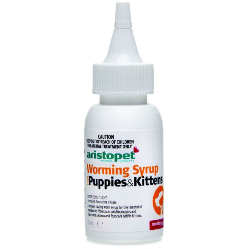 Aristopet worming syrup bottle for puppies and kittens, white background.