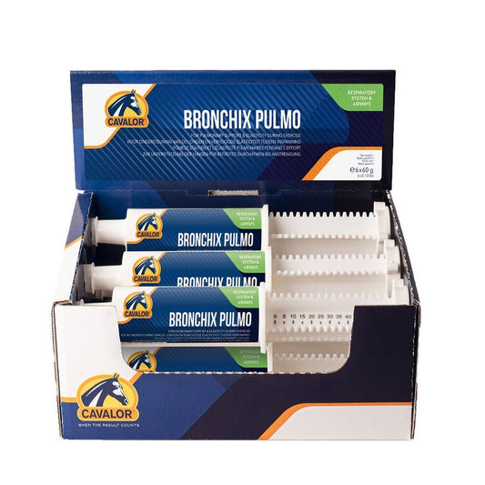 Cavalor Equicare Bronchix Pulmo horse supplement boxes in open packaging.