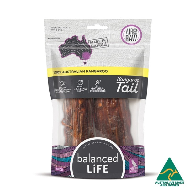 Packaged Balanced Life kangaroo tail dog treats, Australian made.