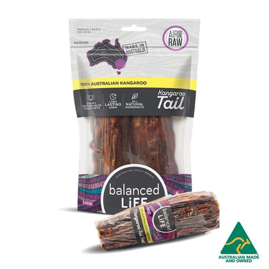 Package of Balanced Life Air Dried Kangaroo Tail Dog Treats.
