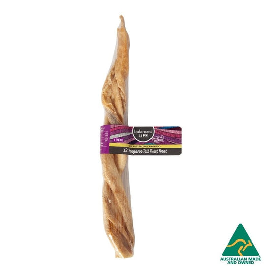 Australian kangaroo tail twist dog treat with packaging, isolated.