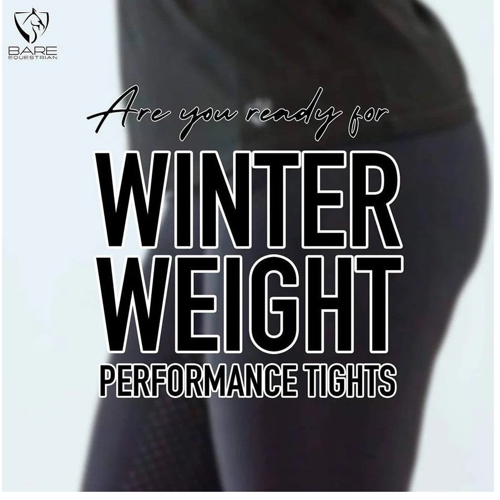 Close-up of horse riding tights with text "Winter Weight Performance Tights".