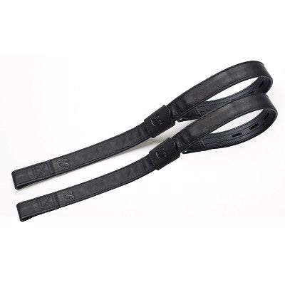 Black stirrup leathers for horse riding, isolated on white background.