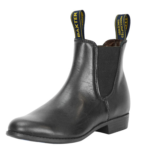 Baxter Boots brand black leather Chelsea boot with yellow tabs.