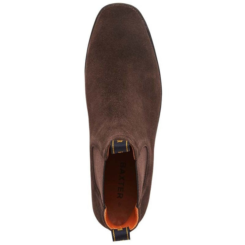 Top view of a dark brown Baxter Boots suede Chelsea boot.