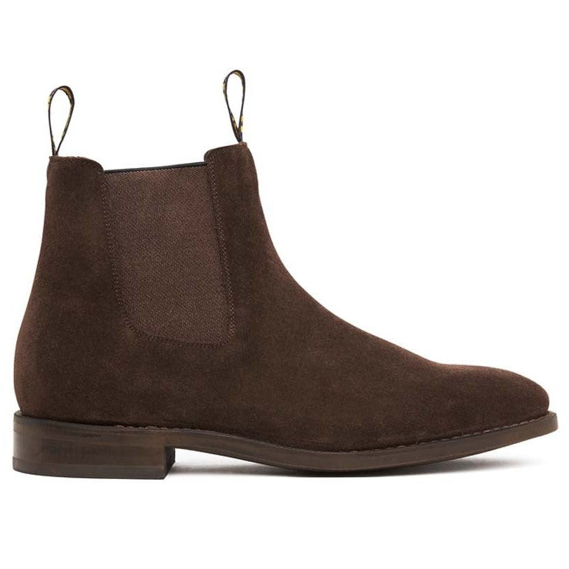 Brown Baxter Boots suede Chelsea boot with pull tabs on white background.
