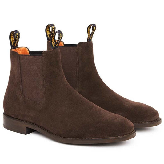 Baxter Boots brand brown suede Chelsea boots on white background.