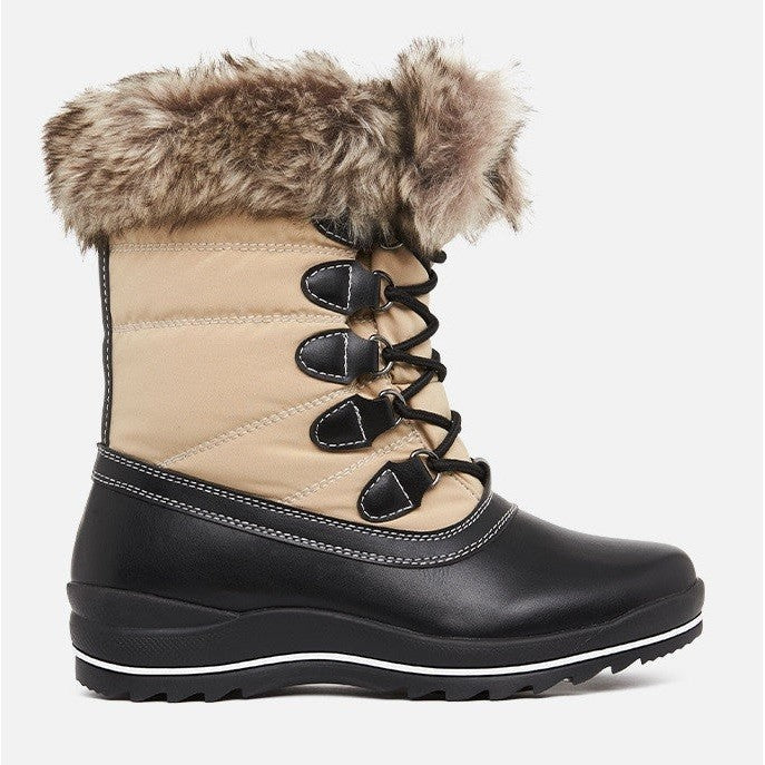 Baxter Boots beige and black winter boot with fur trim.