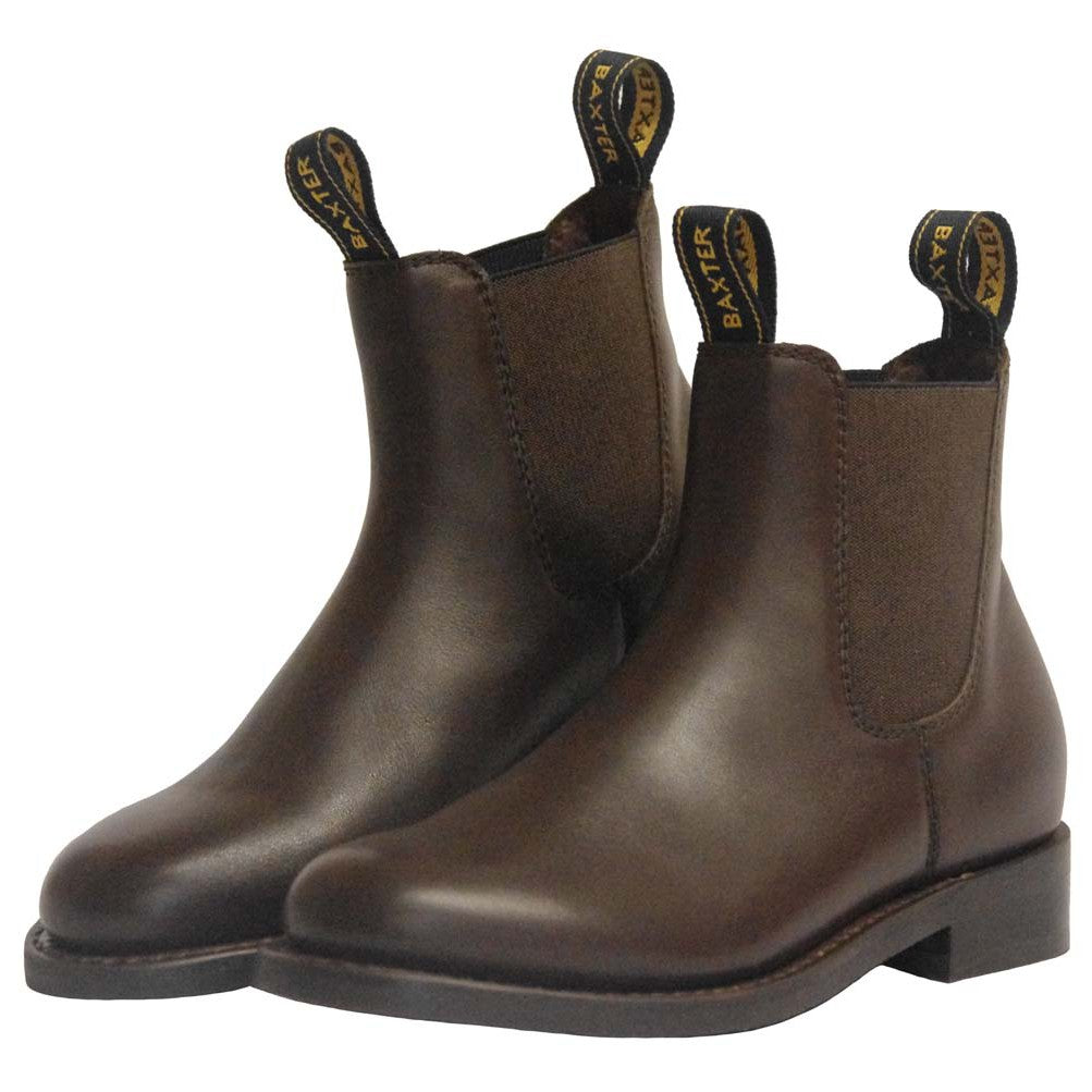 Pair of brown Baxter Boots with elastic sides and pull tabs.