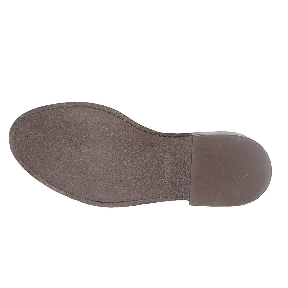 Sole view of a brown Baxter Boots leather shoe on white background.