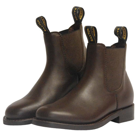 Pair of brown Baxter Boots with elastic sides on white background.
