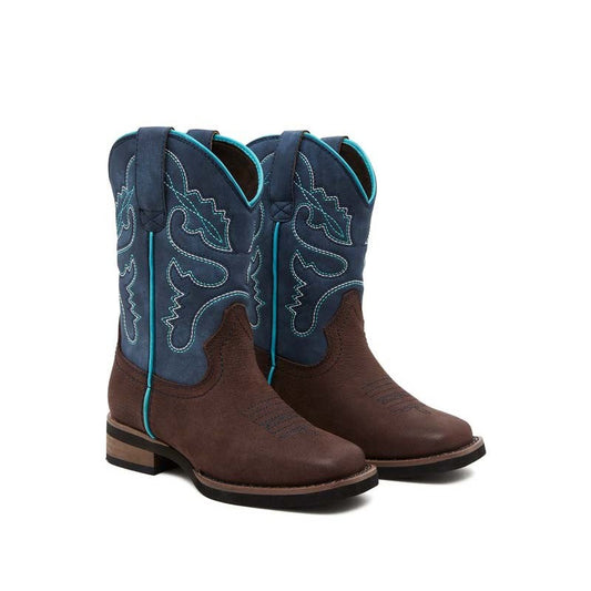 Baxter Boots brown leather cowboy boots with blue stitching detail.