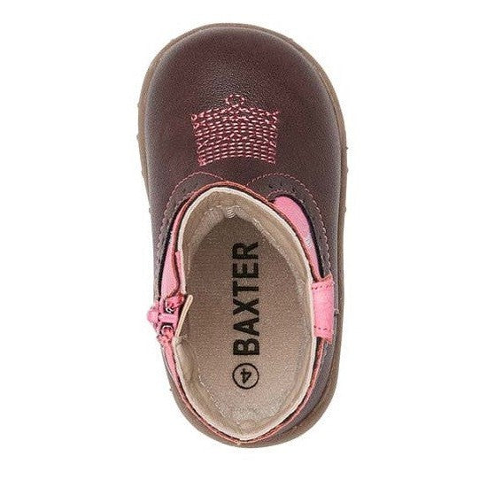 Brown and pink Baxter Boots child's shoe with strap open.
