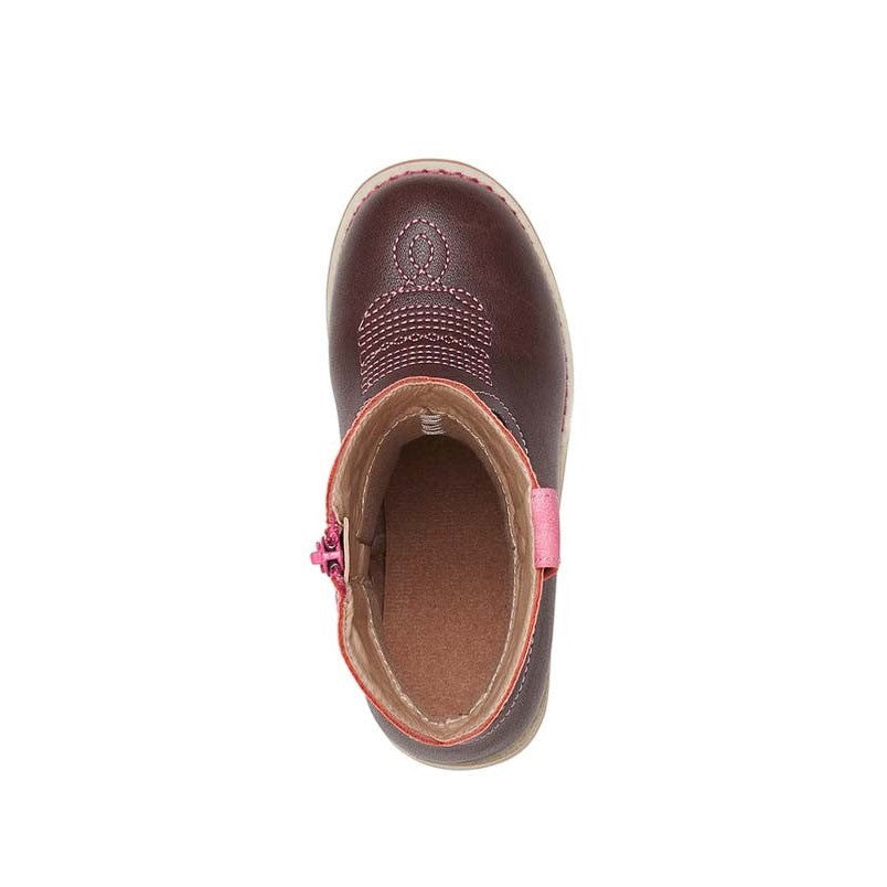 Top-down view of a Baxter Boots brown shoe with pink details.