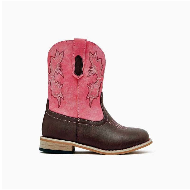 Alt: Baxter Boots brand, pink and brown cowboy boot, white background.
