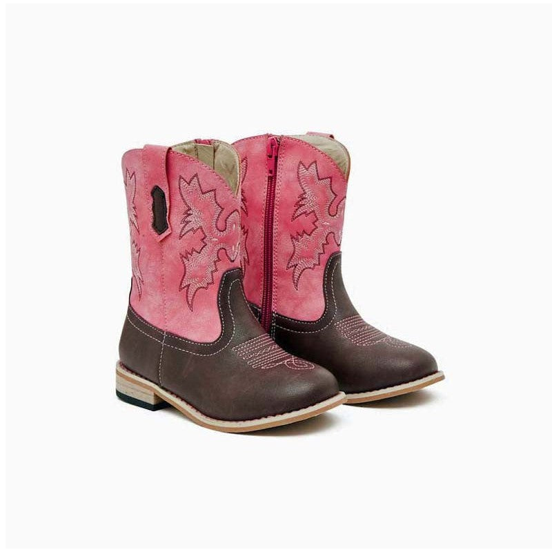 Baxter Boots pink and brown children's cowboy boots on white background.