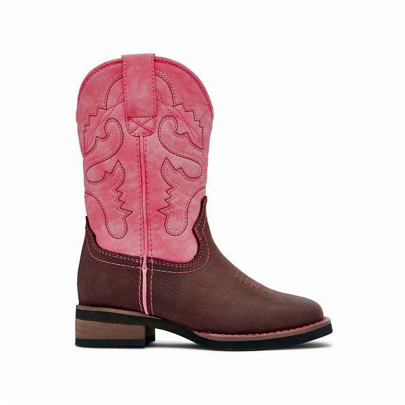 Baxter Boots brown and pink cowboy boot with decorative stitching.