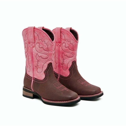Baxter Boots pink and brown leather cowboy boots on white background.