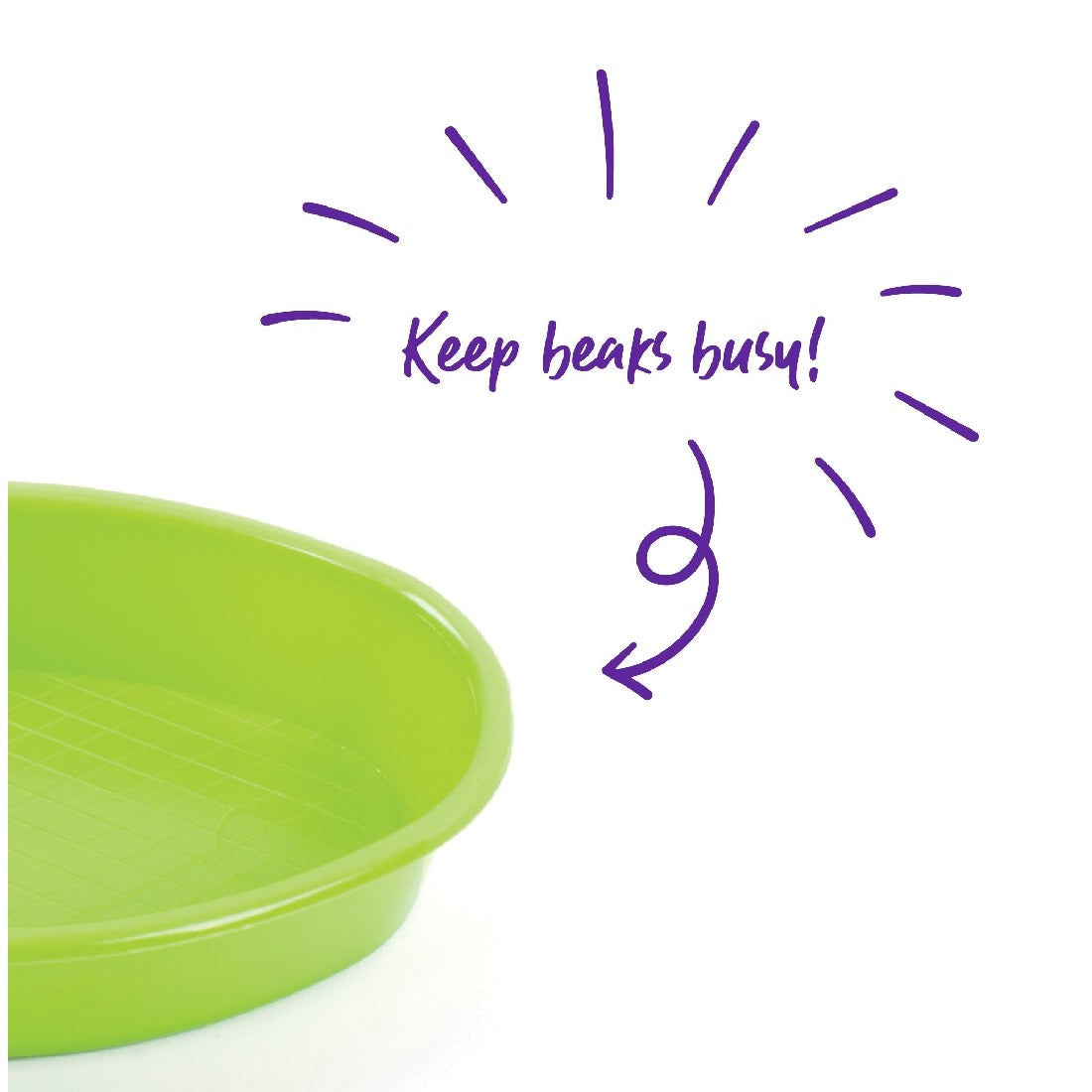 Green bird toy with "Keep beaks busy!" text, purple line drawing.