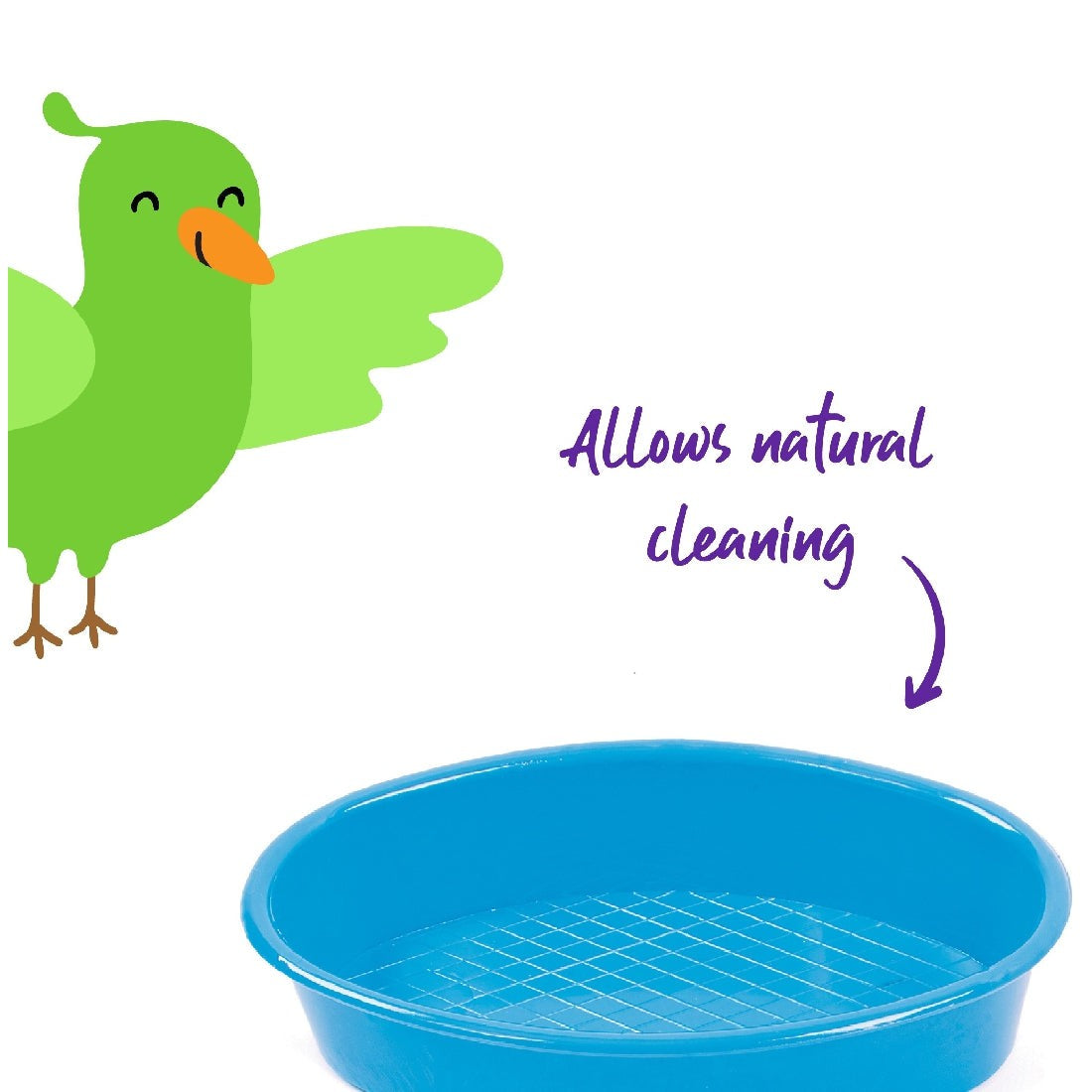 Green cartoon bird toy next to blue bowl with text "Allows natural cleaning".