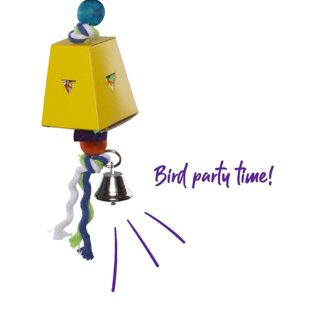 Colorful bird toy with lampshade shape, beads, and bell on white background.
