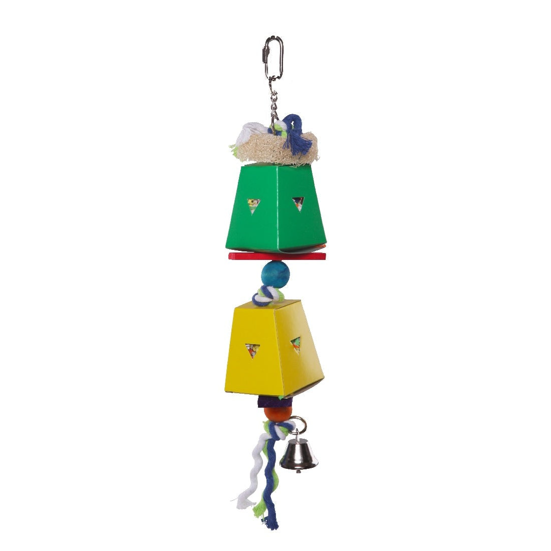Colorful hanging bird toy with bells, beads, and chewable parts.