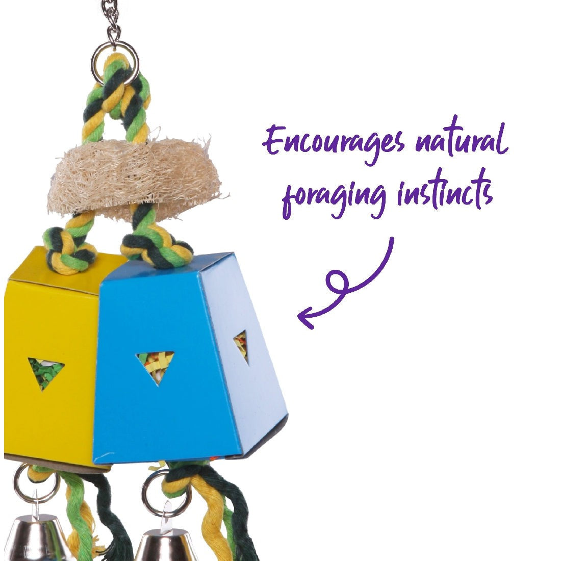 Colorful hanging bird toy with blocks, rope, and bells.