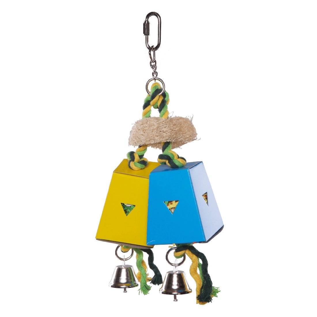 Colorful bird toy with bells, rope, and chewable parts, isolated.