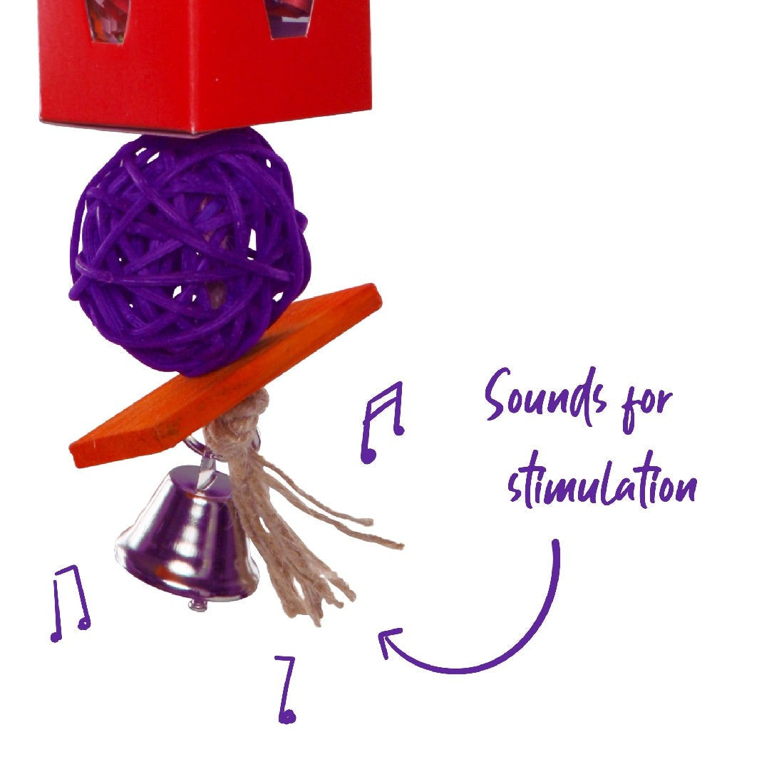Creative bird toy with purple ball, bell, and sounds for stimulation.