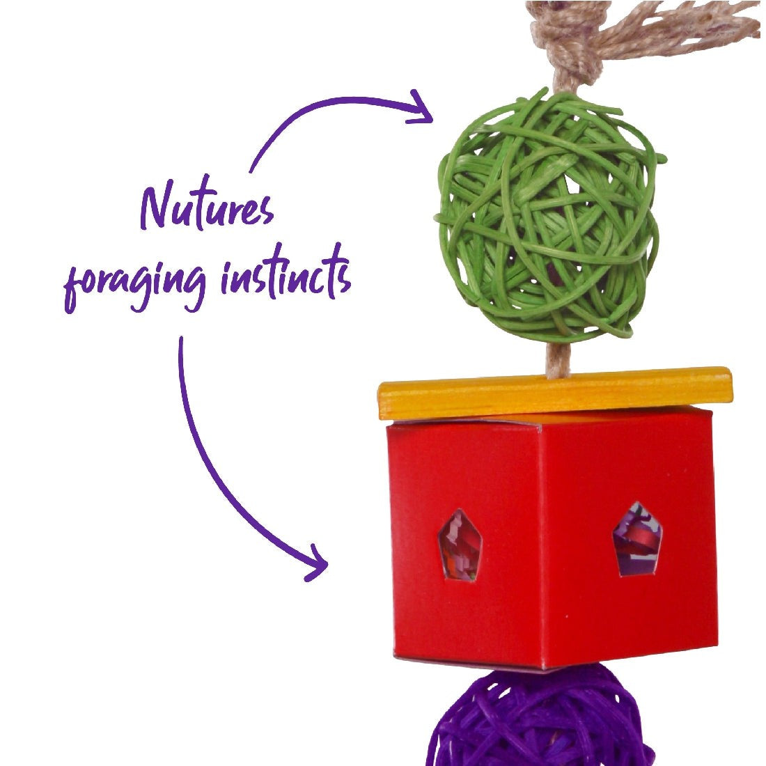 Red and yellow bird toy with green ball enhances foraging instincts.