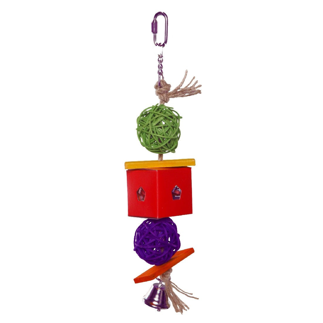 Colorful hanging bird toy with blocks, balls, and bell.
