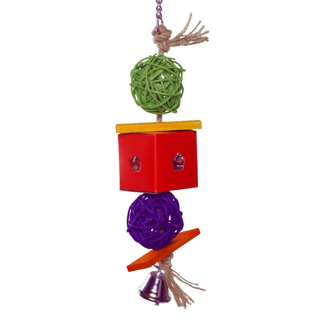 Colorful hanging bird toy with blocks, rattan balls, and bell.