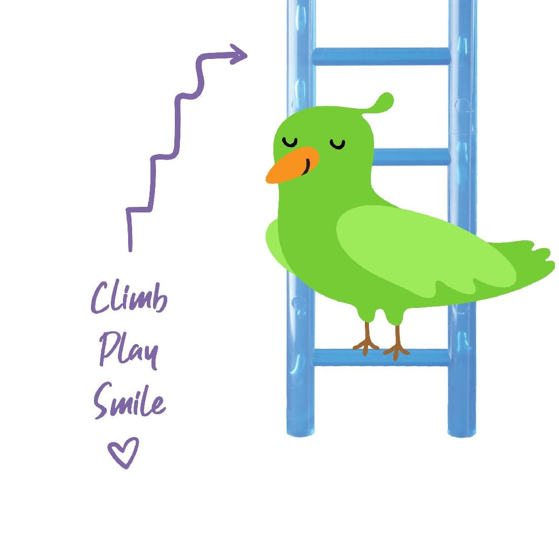 Green bird toy by a blue ladder, with "Climb Play Smile" written.