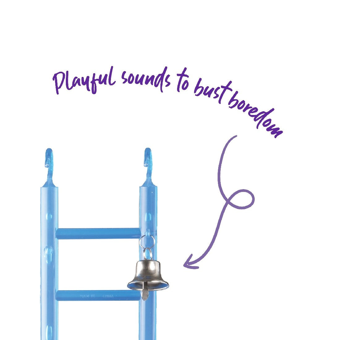 Blue bird toy ladder with a bell, phrase about sounds and boredom.