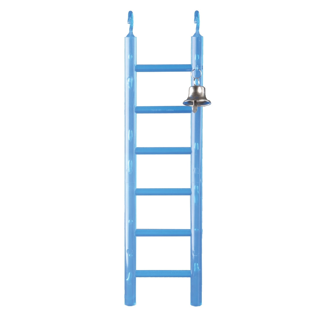 Blue bird toy ladder with hanging bell on white background.