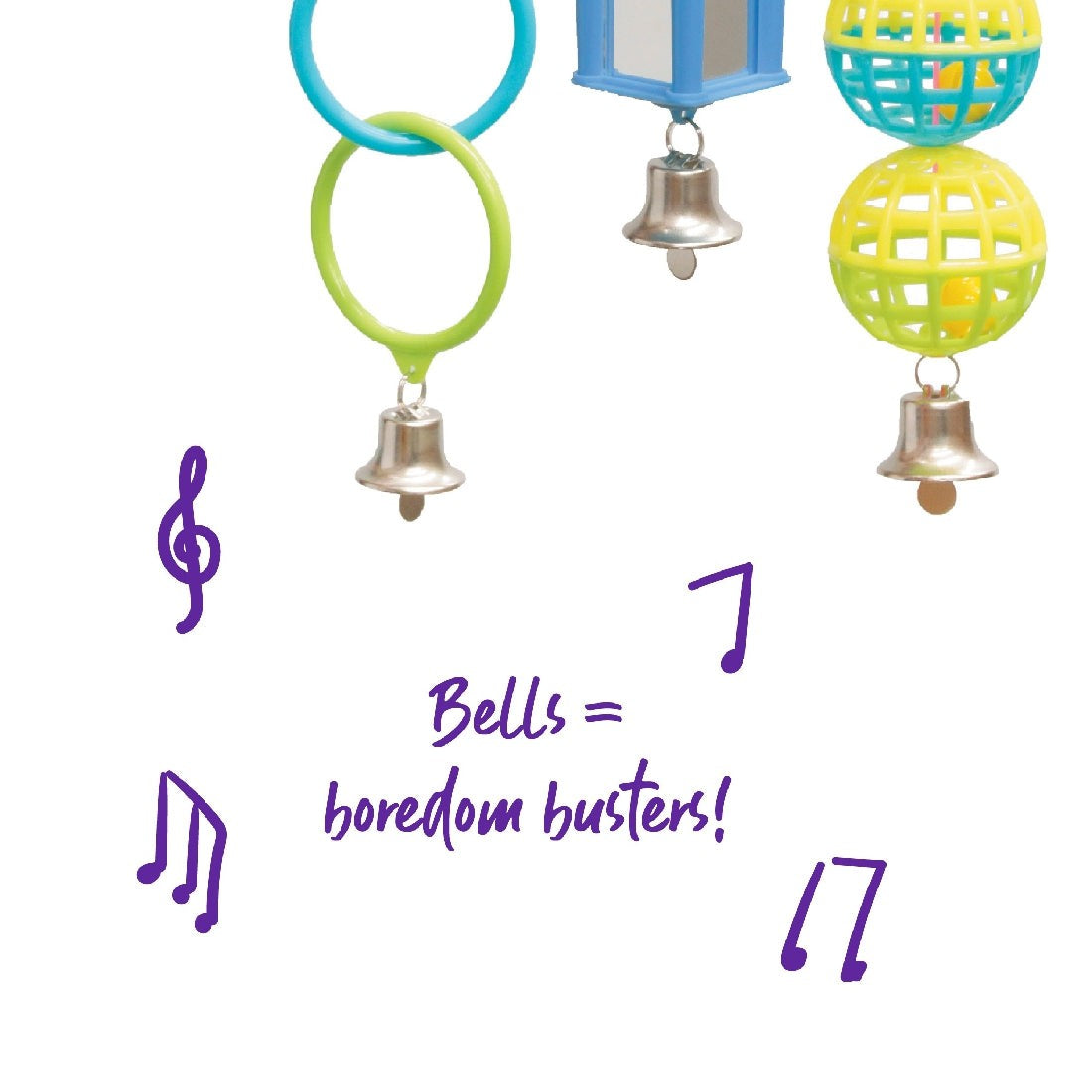 Colorful bird toys with bells and text "Bells = boredom busters!"