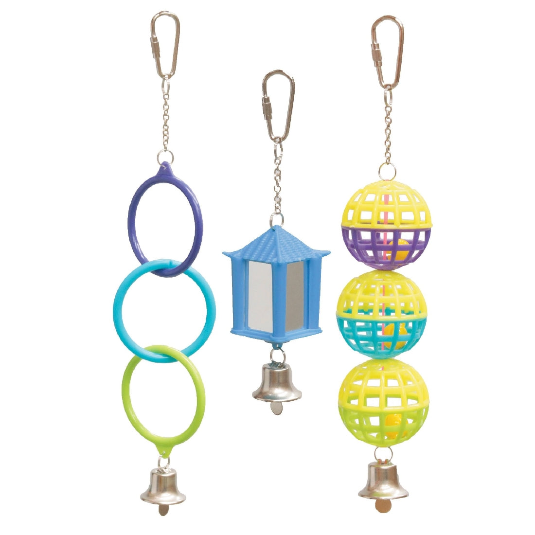 Three colorful hanging bird toys with rings, bells, and mirrors.