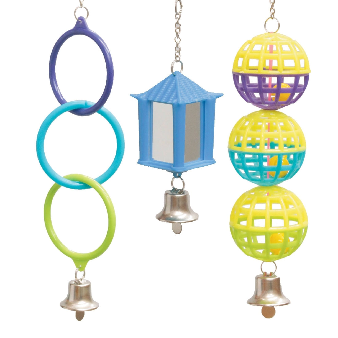 Colorful hanging bird toy with rings, lantern, and balls with bells.