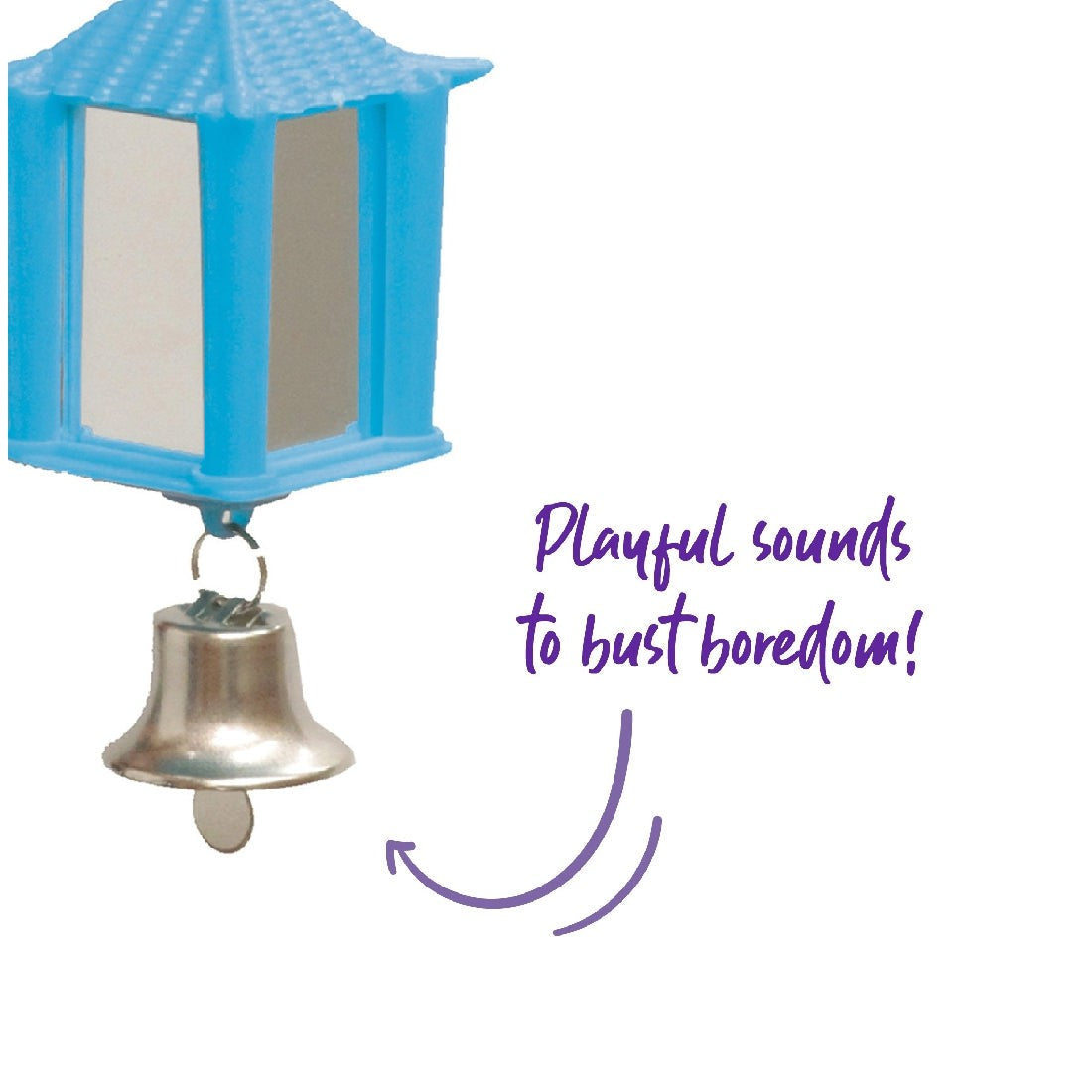 Blue bird toy shaped like a lantern with a bell and slogan.