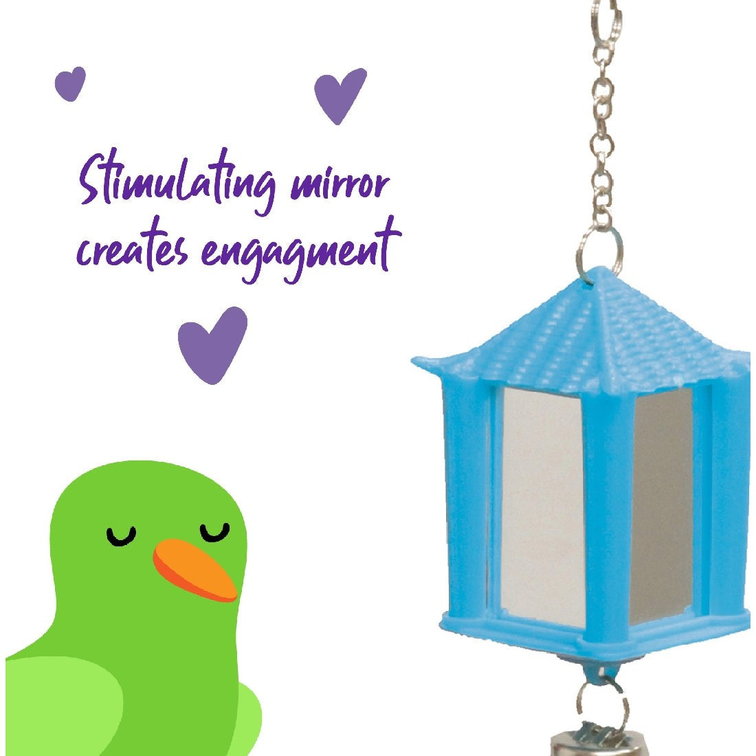 Alt: Bird toy with blue mirror and chain, captioned "Stimulating mirror creates engagement".