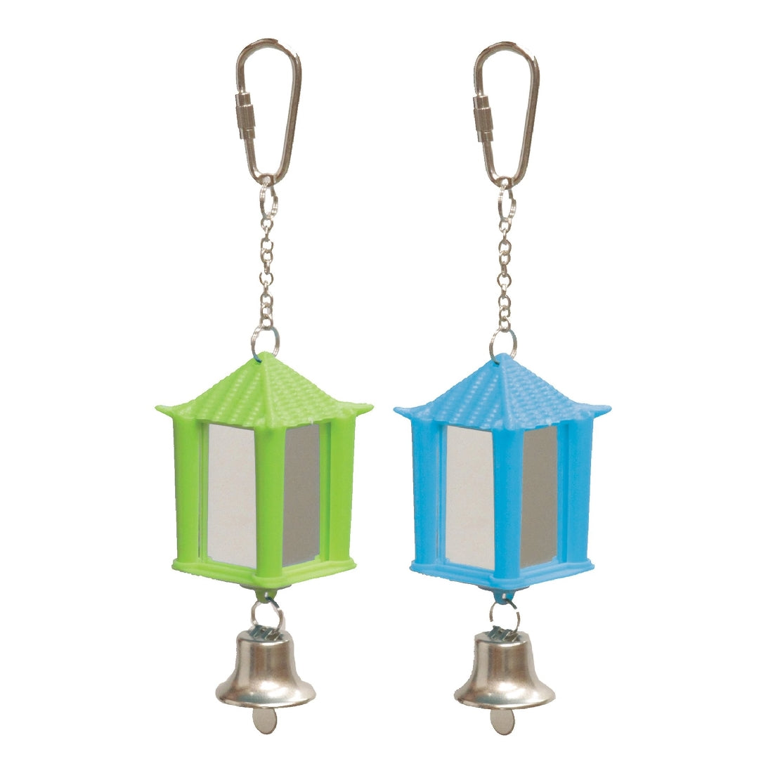 Two hanging bird toys, one green, one blue, with bells.