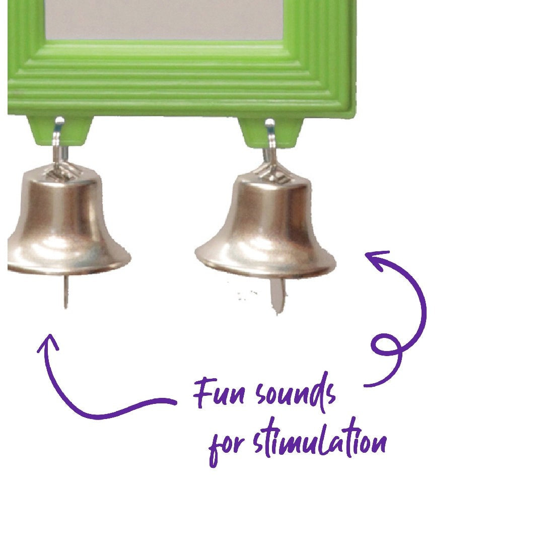 Two hanging bells on bird toy with label "Fun sounds for stimulation."