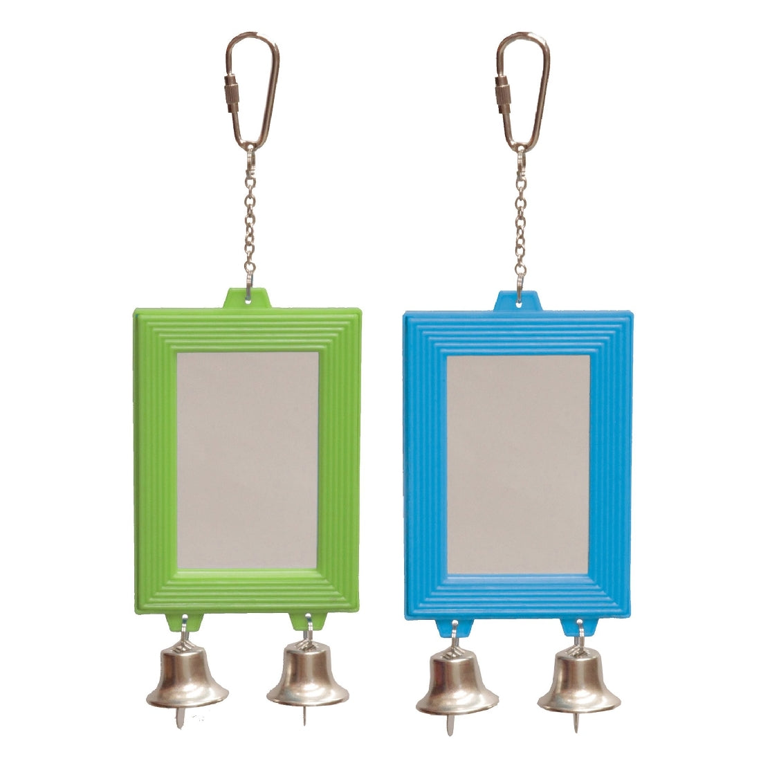 Green and blue rectangular bird toys with mirrors and bells.